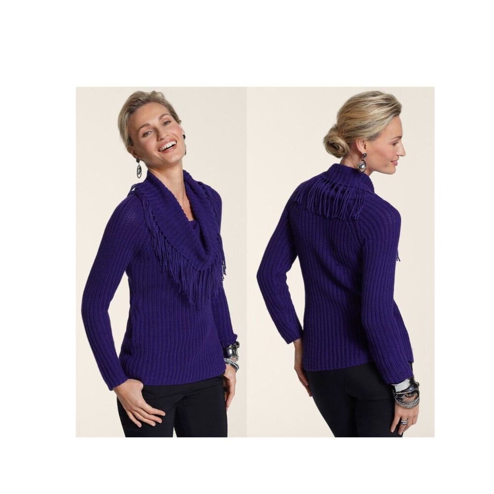 Chico's Sweater Size 1 (8) Fringe Cowl Neck Royal Blue